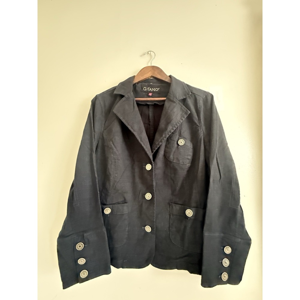 Gitano Womens 18W Black Plaid Blazer Jacket Cotton Stretch Military Button Plus